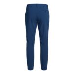 Back view of blue men’s slim-fit stretch golf pant with a single button back pocket on a white background