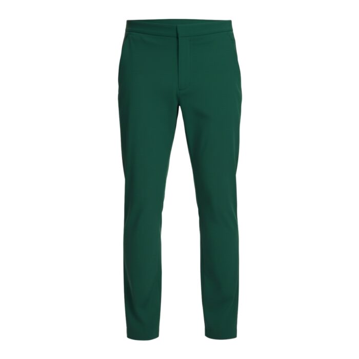 Front view of green men’s slim-fit stretch golf pant with button and zipper closure, tapered leg