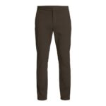 Front view of dark brown men’s slim-fit stretch golf pant with button and zipper closure, straight-leg