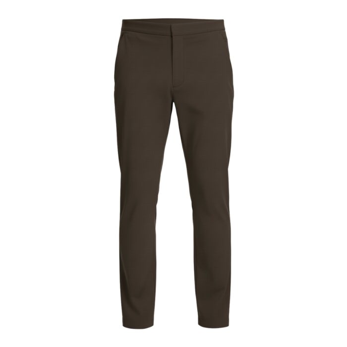 Front view of dark brown men’s slim-fit stretch golf pant with button and zipper closure, straight-leg