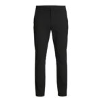 Front view of black men’s slim-fit stretch golf pant with fly zipper and belt loops