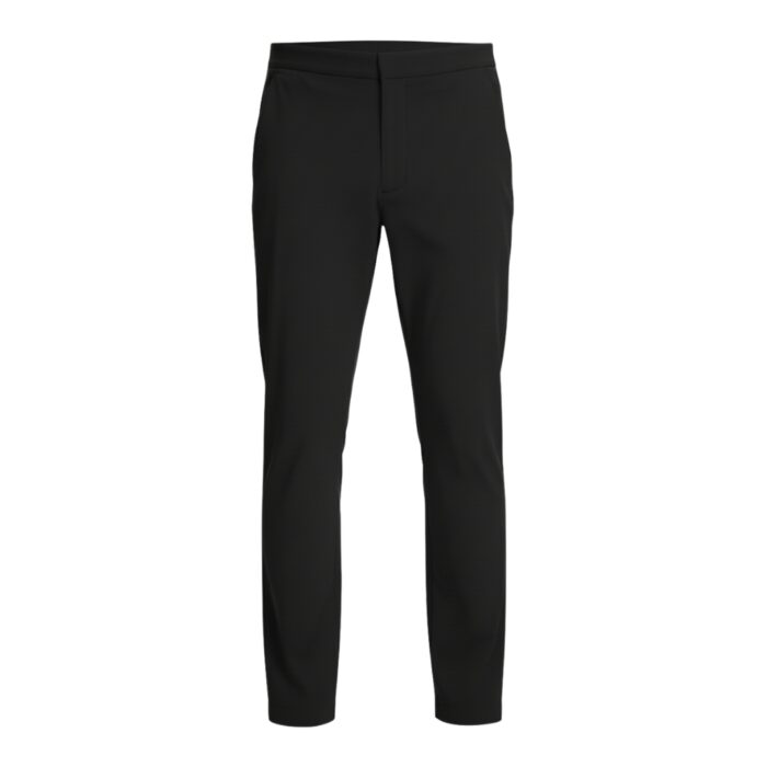 Front view of black men’s slim-fit stretch golf pant with fly zipper and belt loops