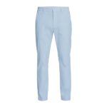 Front view of light blue men’s slim-fit stretch golf pant with belt loops and button closure