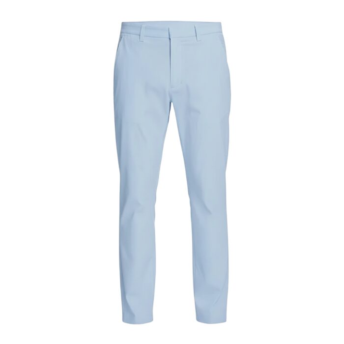 Front view of light blue men’s slim-fit stretch golf pant with belt loops and button closure
