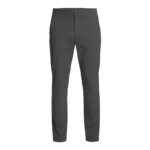 Front view of gray men’s slim-fit stretch golf pant with concealed front closure and tapered leg