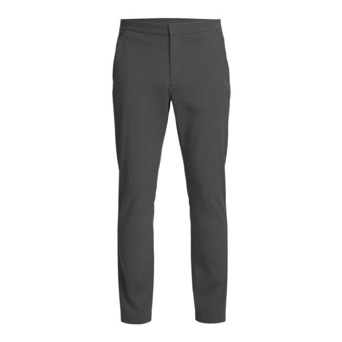 Front view of gray men’s slim-fit stretch golf pant with concealed front closure and tapered leg