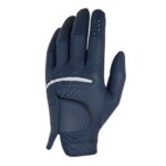 Blue Left-hand golf glove shown against a white background, with finger perforations and a white stripe across the knuckles.