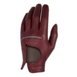Burgundy left-hand golf glove shown against a white background, with finger perforations, a gray stripe on the back, and a brown palm patch.