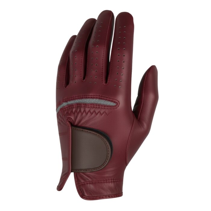 Burgundy left-hand golf glove shown against a white background, with finger perforations, a gray stripe on the back, and a brown palm patch.