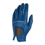 Blue golf glove with brown palm patch, displayed on a white background (right-handed design).