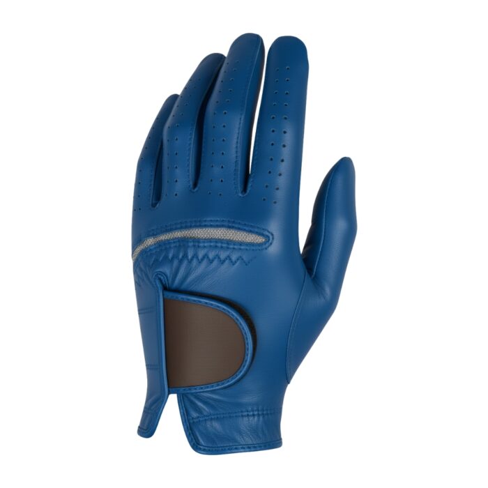 Blue golf glove with brown palm patch, displayed on a white background (right-handed design).