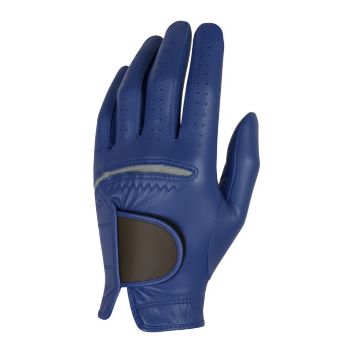 Open blue men’s golf glove centered on a white background, with finger perforations, a gray mesh panel near the knuckles, and a brown patch at the wrist closure.
