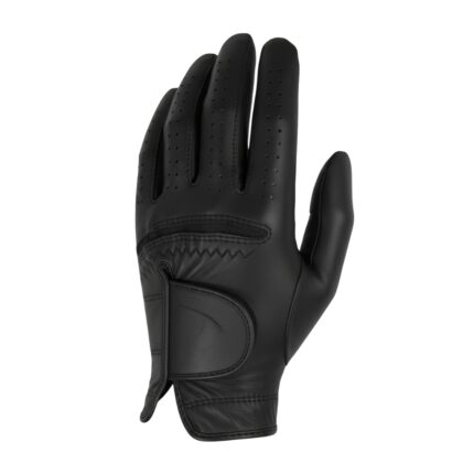 Black men’s golf glove shown from the back of the hand against a white background, with perforated fingers, a decorative back patch, and a snap-tab closure.