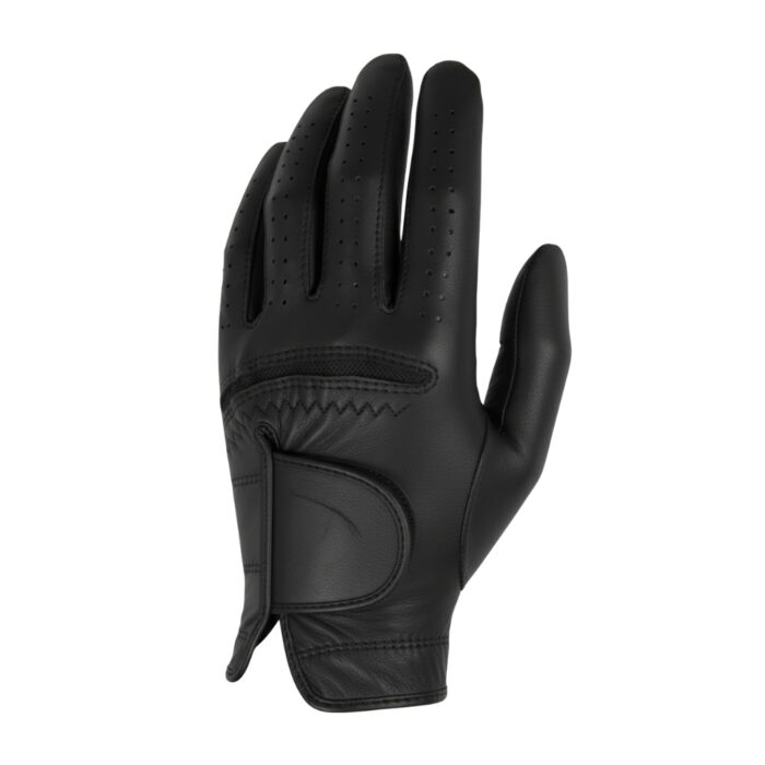 Black men’s golf glove shown from the back of the hand against a white background, with perforated fingers, a decorative back patch, and a snap-tab closure.