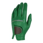 Bright green men’s golf glove shown from the back with perforated fingers and a brown palm patch on a white background.