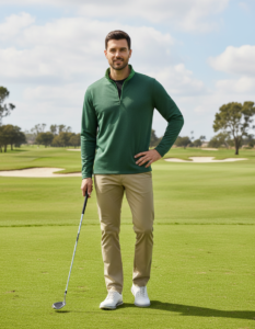 A man in a green quarter-zip sweater, khaki pants, and white golf shoes stands on a golf course holding a club, looking at the camera with a slight smile.