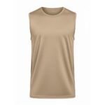 A tan sleeveless athletic shirt with a crew neck displayed on a white background. The fabric has a subtle texture and the edges are neatly hemmed, with a relaxed fit.