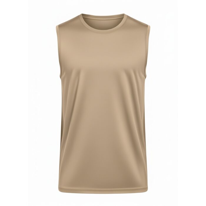 A tan sleeveless athletic shirt with a crew neck displayed on a white background. The fabric has a subtle texture and the edges are neatly hemmed, with a relaxed fit.