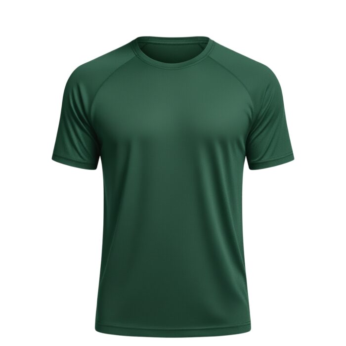 Dark green short-sleeve tennis shirt with crew neck and raglan sleeves; textured breathable fabric on white background