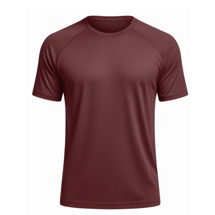 Maroon short-sleeve tennis shirt with a round neck and subtle textured pattern; lightweight, breathable fabric