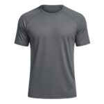 Gray short-sleeve tennis shirt with crew neck and raglan sleeves on a white background; textured fabric.