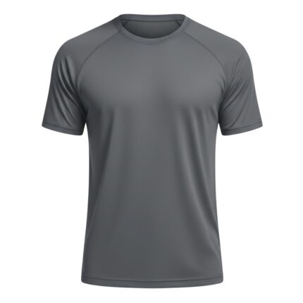 Gray short-sleeve tennis shirt with crew neck and raglan sleeves on a white background; textured fabric.