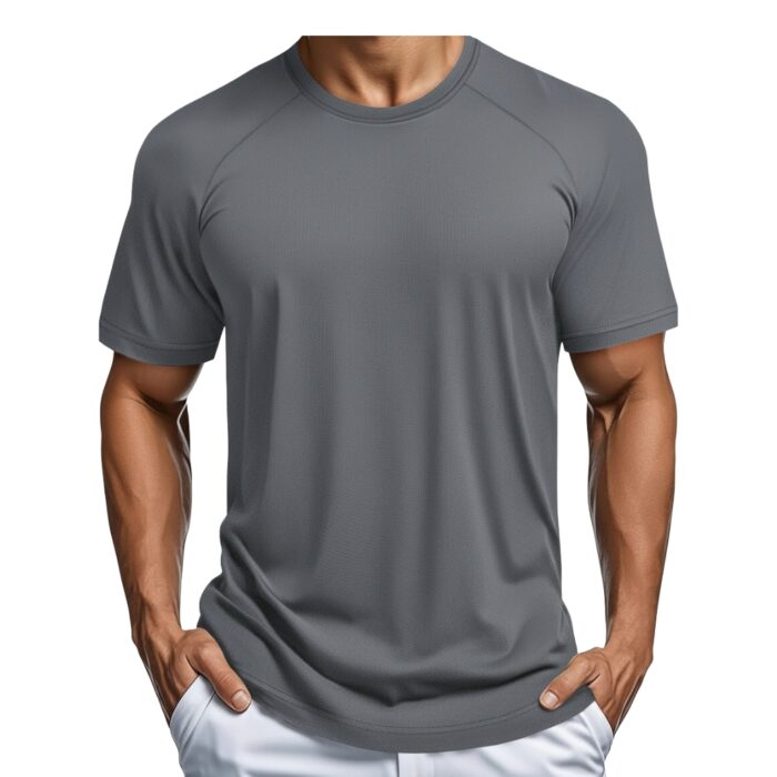 Close-up of a gray short-sleeve athletic shirt with hands in front pockets of white pants; form-fitting and textured fabric