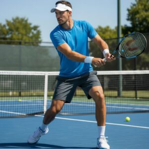Male tennis player wearing a blue t-shirt on a blue court; white visor, grey shorts, and white sneakers. He holds a racket, ready to hit a ball near the net