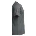 Side view of a gray short-sleeve tennis shirt with a subtle textured fabric and highlighted seams along the sleeves and hem, set against a white background