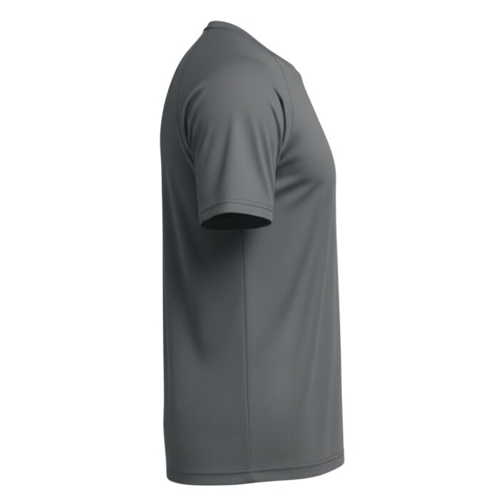 Side view of a gray short-sleeve tennis shirt with a subtle textured fabric and highlighted seams along the sleeves and hem, set against a white background