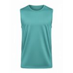 Turquoise sleeveless athletic shirt (tennis vest) shown against a white background. It has a crew neck, visible textured fabric, and a small tag inside the collar.