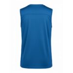 A bright blue sleeveless athletic shirt shown from the back. It has a crew neck and a textured, breathable fabric, isolated on a white background