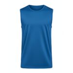 A blue sleeveless athletic shirt with a round neckline, isolated on a white background. The fabric has a subtle texture
