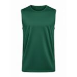 A dark green sleeveless athletic shirt on a white background. It has a round neckline and a slightly textured fabric