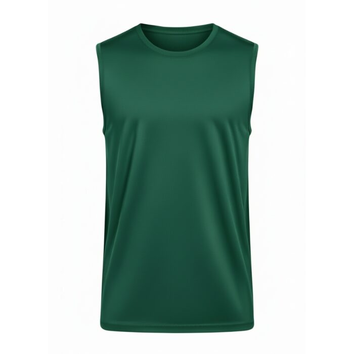 A dark green sleeveless athletic shirt on a white background. It has a round neckline and a slightly textured fabric