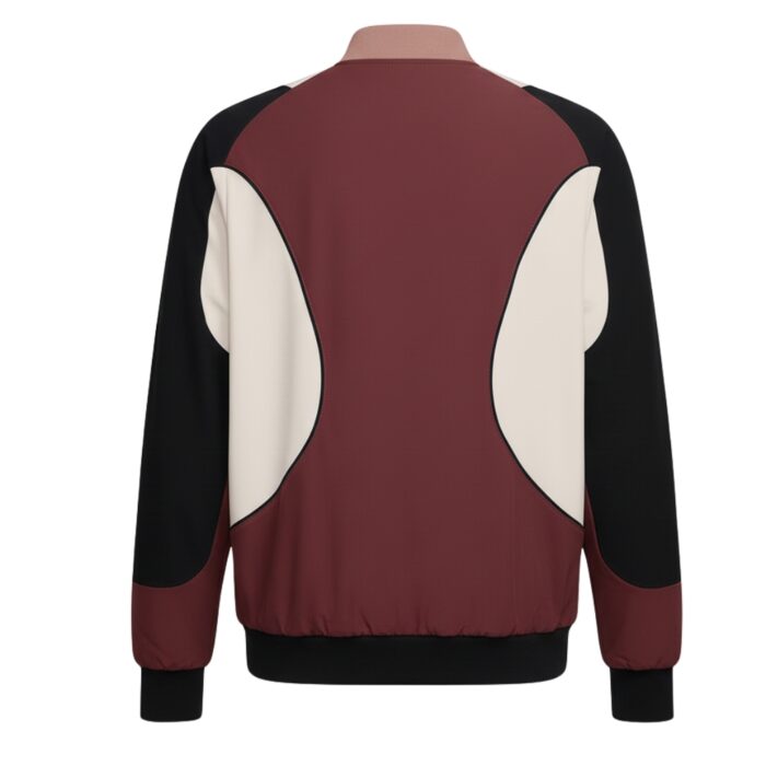 Back view of a burgundy bomber jacket with off-white curved side panels and black sleeves.
