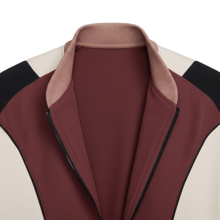 Close-up of a partially unzipped jacket showing burgundy center panels, cream and black shoulder panels, and a light brown ribbed collar.