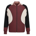 Front view of a long-sleeve zip-up jacket with a maroon central panel, cream side panels, black sleeves, and a light tan collar.