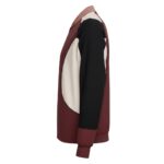 Side view of a color-block bomber jacket with burgundy, cream, and black panels, featuring ribbed cuffs and collar.
