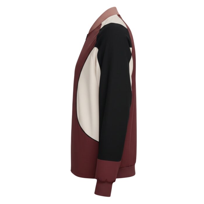 Side view of a color-block bomber jacket with burgundy, cream, and black panels, featuring ribbed cuffs and collar.