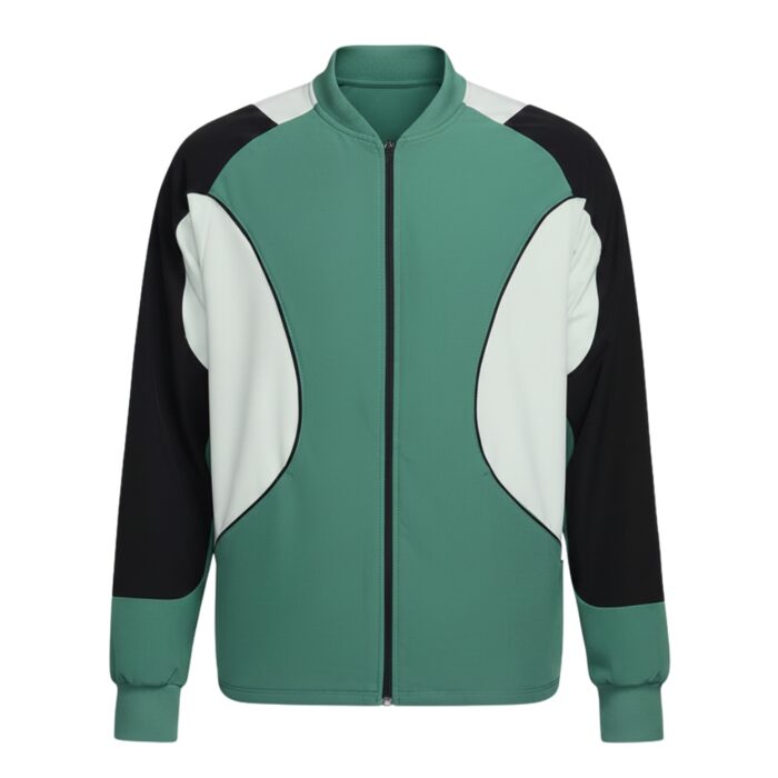 Front view of a color-block tennis jacket with green body, white curved panels, and black sleeves; zip-front with ribbed collar and cuffs.