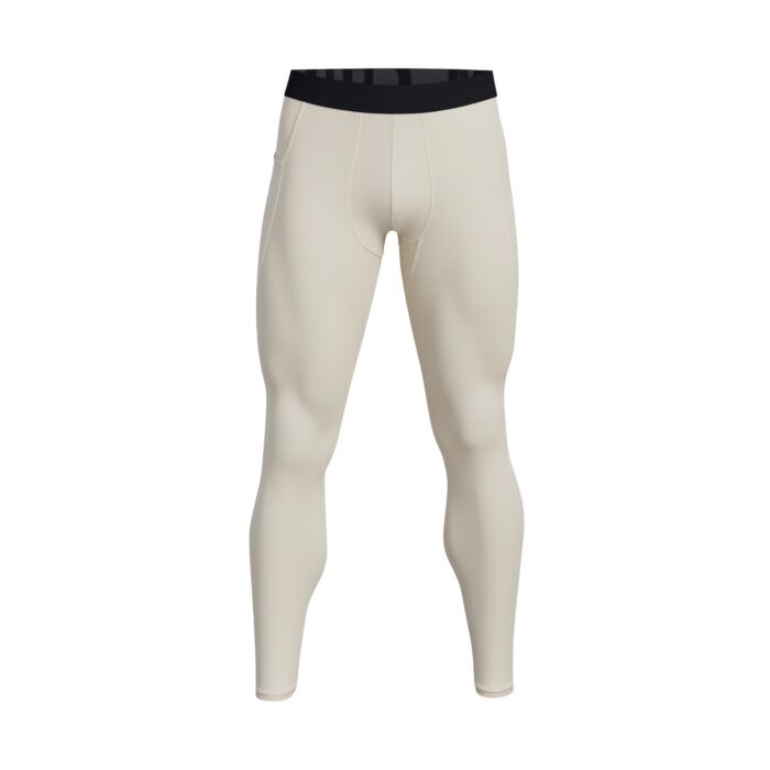 Front view of light tan men's compression leggings with a black waistband, shown against a white background. The fit is tight and there is a pocket on the right side.