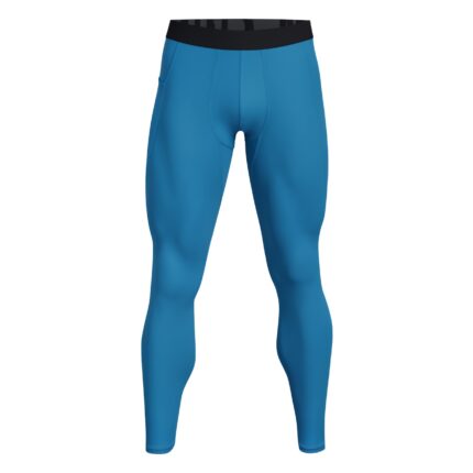 Close-up of men's blue athletic leggings with a black elastic waistband, shown from the waist down.