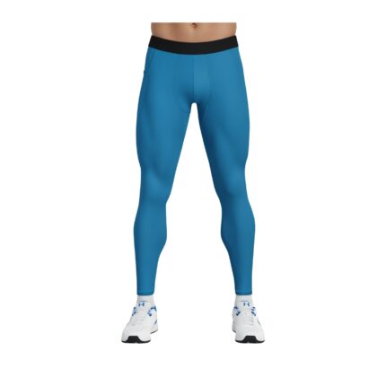 Front view of a person wearing blue men's compression tights with a black waistband and a side pocket, paired with white athletic shoes with blue accents, shown against a white background.