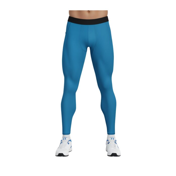 Front view of a person wearing blue men's compression tights with a black waistband and a side pocket, paired with white athletic shoes with blue accents, shown against a white background.