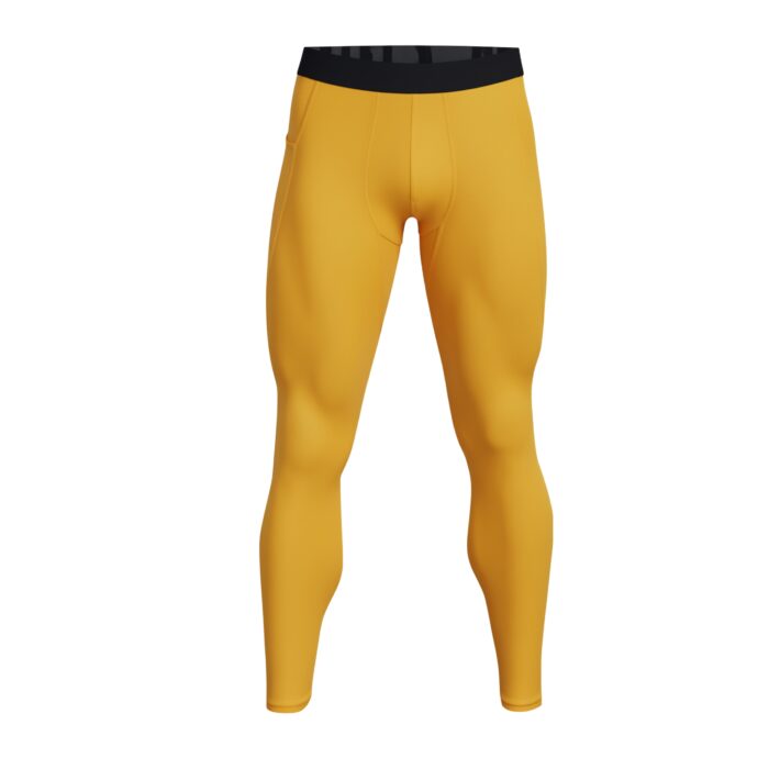 Front view of yellow men's compression leggings with a black waistband, shown against a white background. The fit is snug and highlights the leg contours.