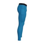 Side view of blue men's compression leggings with a black waistband and a side pocket on the right leg, shown against a white background.