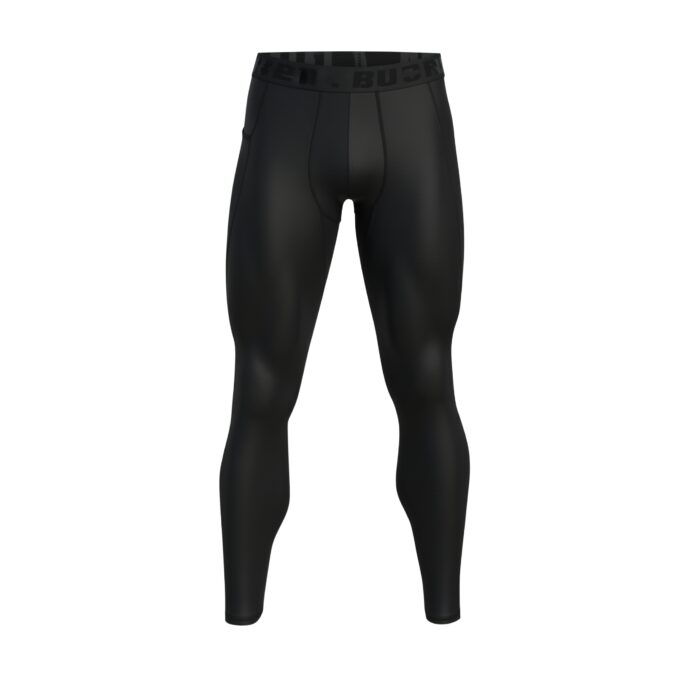 Front view of black men's athletic leggings on legs, shown against a white background. The leggings are tight-fitting with visible contour lines.