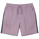 Front view of light lavender athletic shorts with dark navy side stripes, a drawstring waist, front pockets, and vertical front seams.
