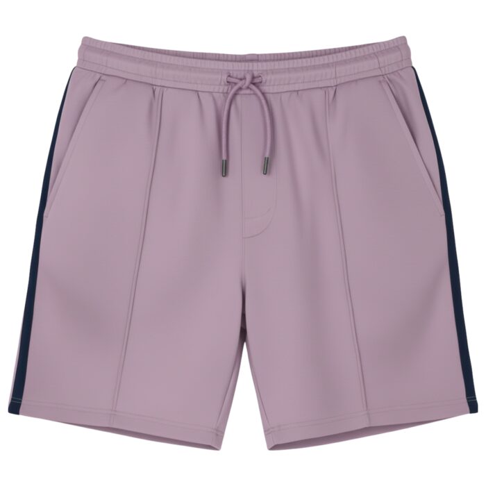 Front view of light lavender athletic shorts with dark navy side stripes, a drawstring waist, front pockets, and vertical front seams.